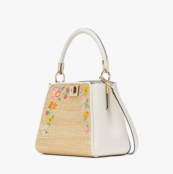 Kate Spade Phoebe Embroidered Straw Top Handle Satchel, Meringue Multi - Picture 3 of 5